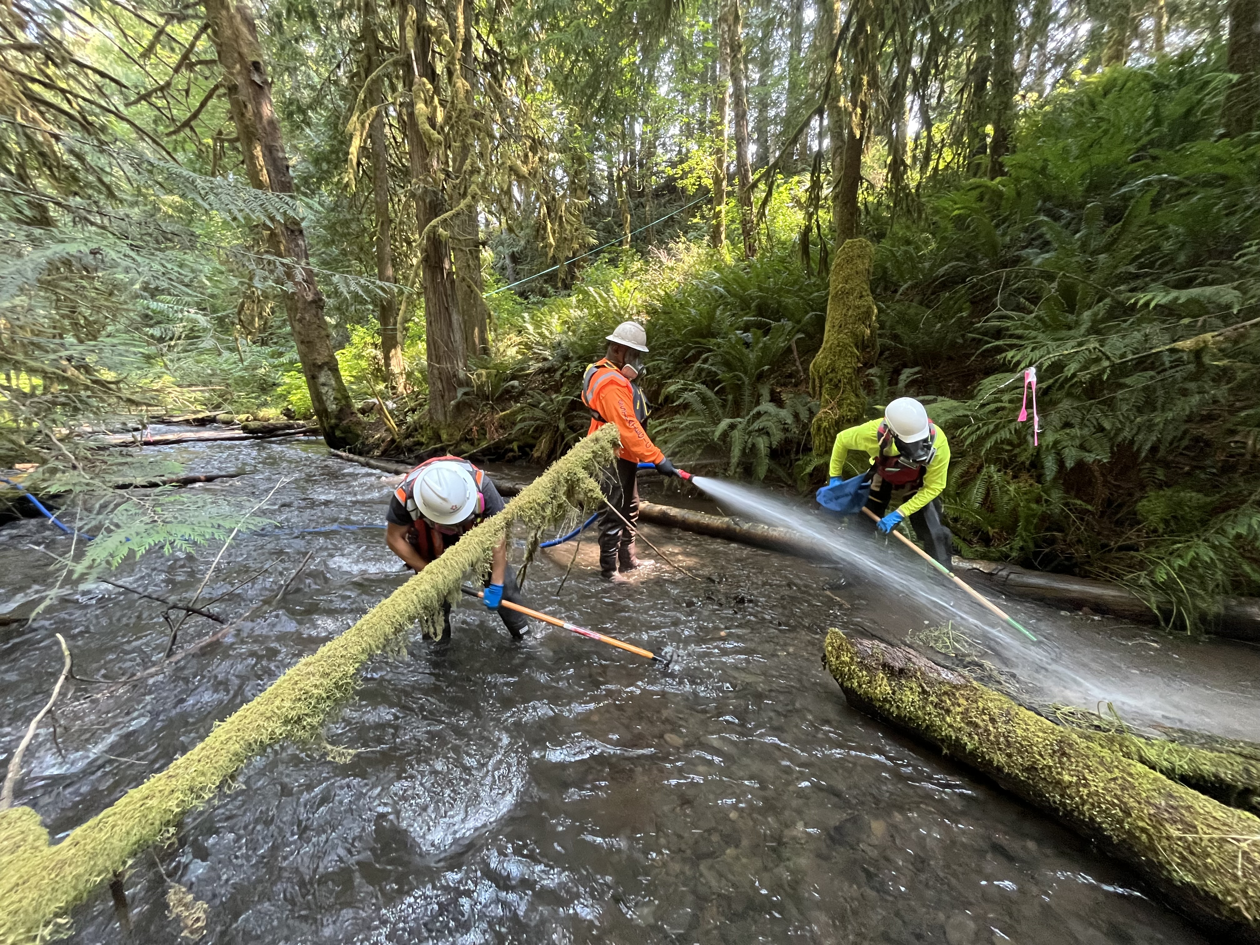 Crews work in Indian Creek using flushing, raking, and agitation techniques to release fuel trapped beneath rocks and debris.